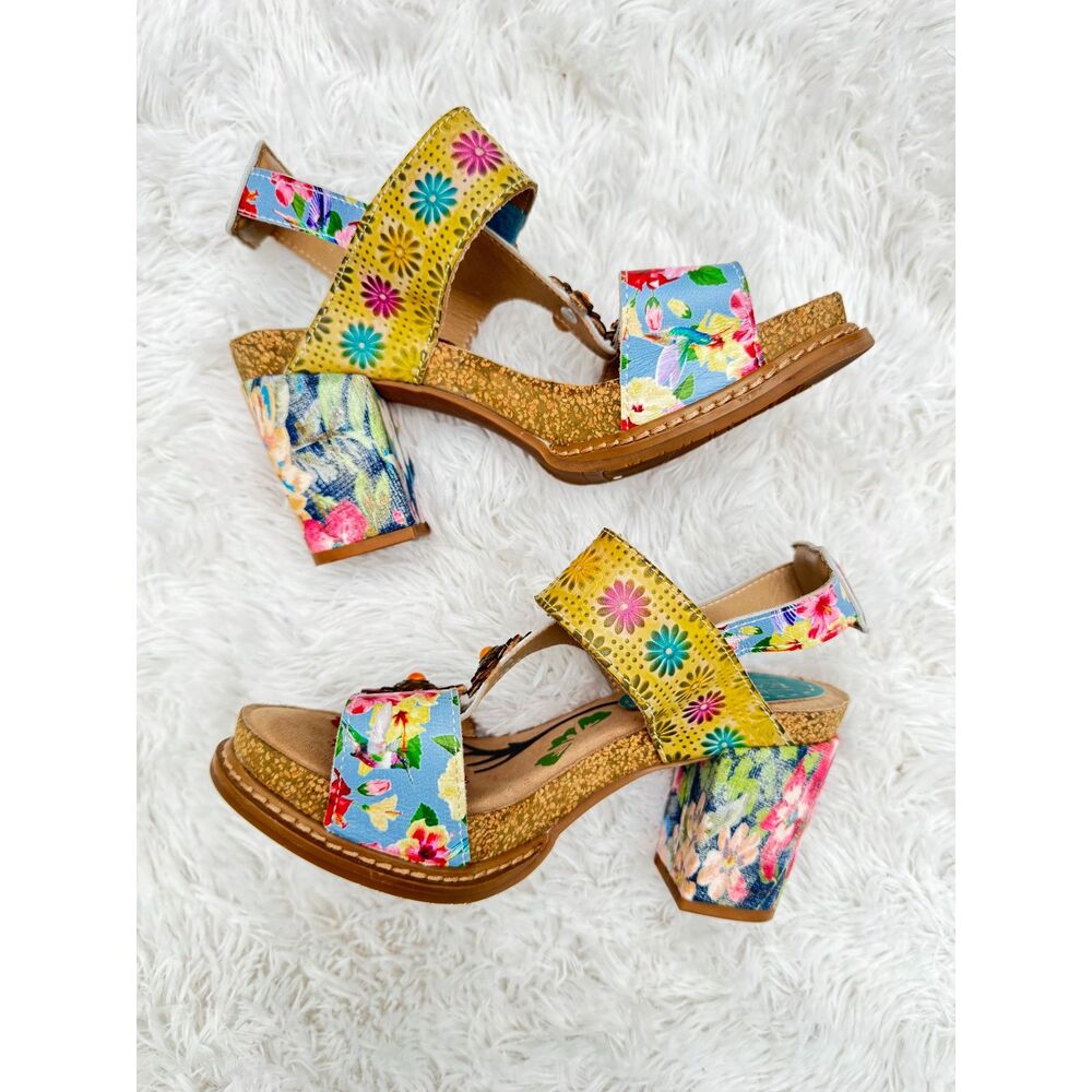 L'Artiste Spring Step Floral Block Heel Sandals Size 37 Multicolor Boho